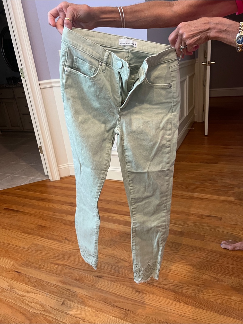 Loft Light Sage Skinny Jeans with Hem